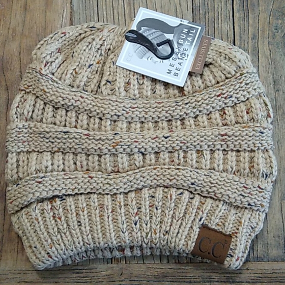 C.C Accessories - NWT Tan CC Messy Bun Beanie Tail Knit Cap